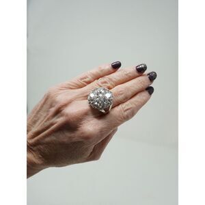 Stunning Vintage Estate Cocktail Rhinestone Ring Silver Tone Gorgeous Size 8.25